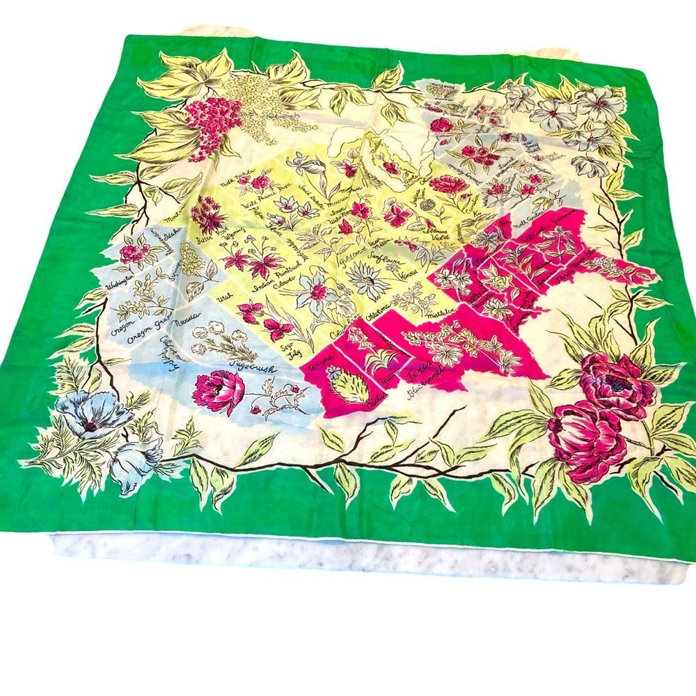 Beautiful vintage green and pink silk scarf with state flowers and map of US